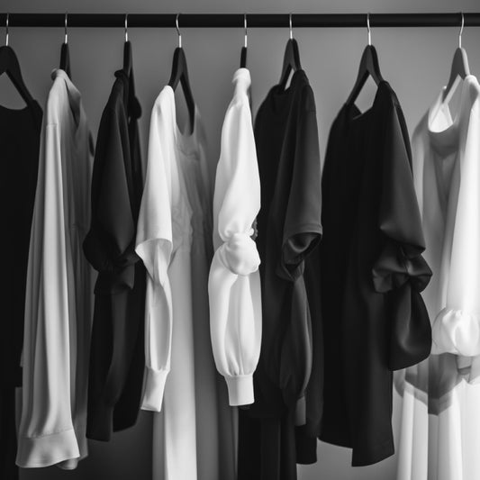 a rack of long-sleeve black blouses and long-sleeve white blouses